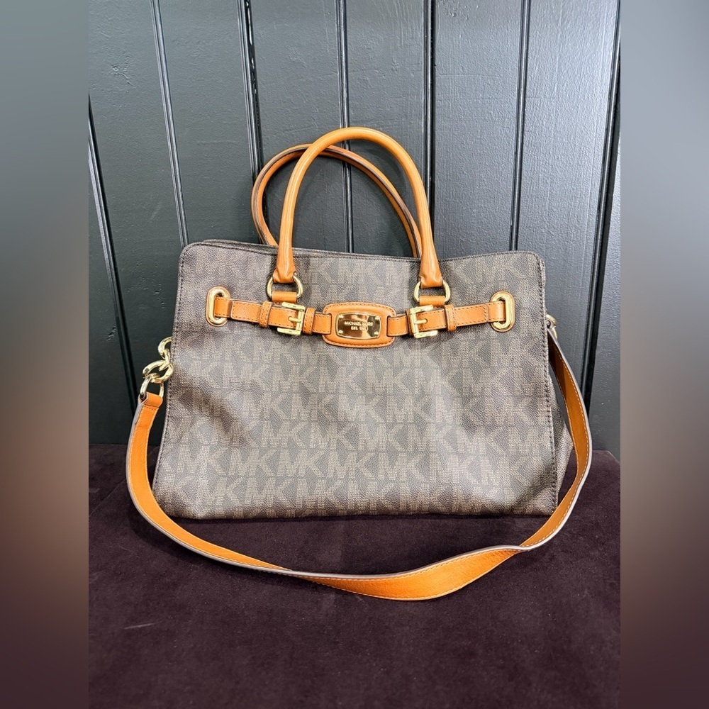 Michael Kors Large Brown Satchel Leather Shoulder Tote Bag Gold Accents MK Logo - Picture 2 of 13